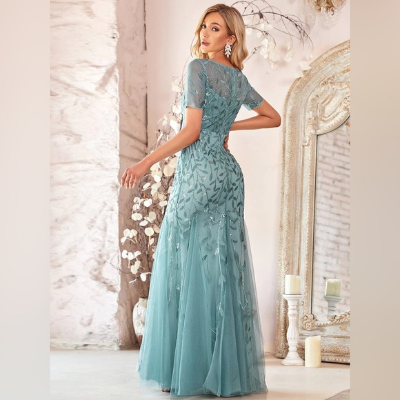 🆕 Floral Sequin Print Maxi Long Fishtail Formal Dresses With Half Sleeve - Picture 2 of 3